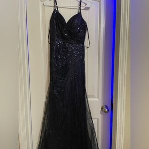 Dark navy blue sequin prom dress